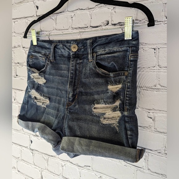 American Eagle Curvy Hi Rise Shortie Distressed Blue Jean Shorts 8 - Picture 2 of 5